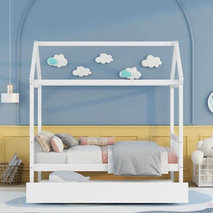 Solid Wood Twin House Bed Frame with Twin Size Trundle High-Quality Pinewood New - Picture 1 of 8