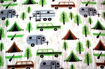 BTY*GREY CAMPERS/TAN TENTS/CANOES/PINE TREES ON LT TAN FLEECE FABRIC 1 YD 60x36" - Image 1 of 4