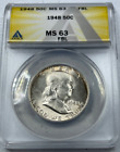 1948 Franklin Us Half Dollar, Ms63 by Anacs, Fbl, Superb looking coin!