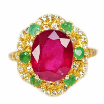 925 STERLING SILVER NATURAL BLOOD RED RUBY OVAL, EMERALD & WHITE CZ  RING 8.25 - Image 1 of 4
