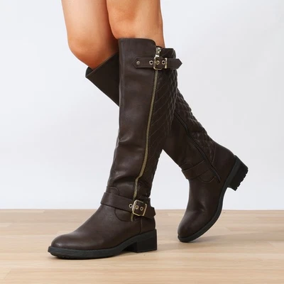 Mujeres Botas anchas hasta la rodilla de pantorrilla Botas de equitación de tacón bajo Otoño Invierno Botas altas Foto 1 de 2