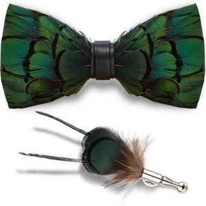 Suhine Feather Bow Ties for Men Handmade Pre Tied Bow Tie and Brooch Sets Green - Picture 1 of 6