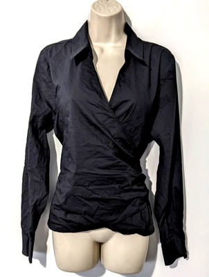 Camisa halógena para mujer envolvente cuello en V profundo talla 1X negra mezcla de algodón manga larga usada en excelente estado Foto 1 de 4