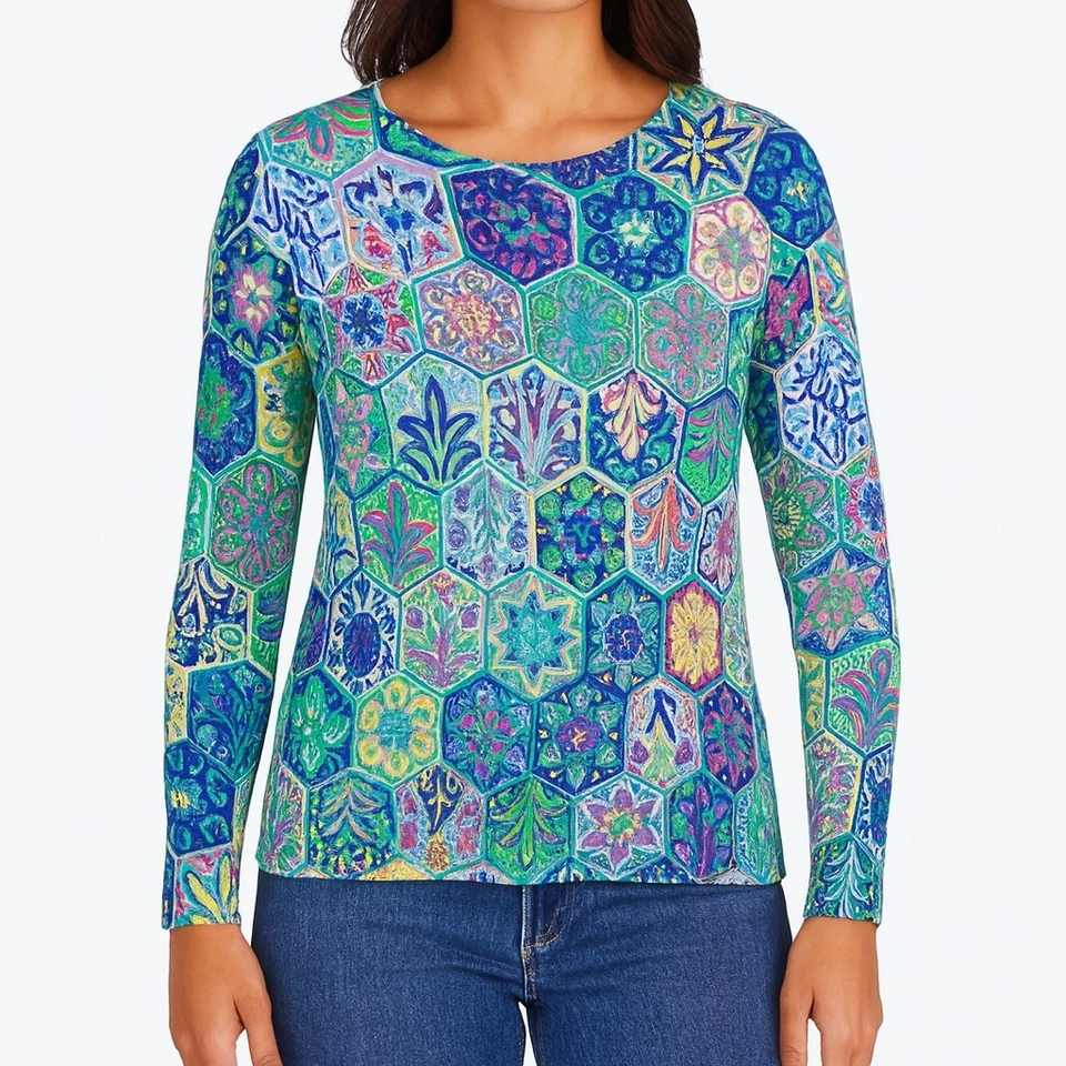 Suéter Talbots Para Mujer Grande Estampado Azul Cuello Redondo Algodón Manga Larga Pullover Foto 1 de 4