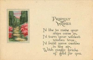 POSTCARD Vintage Friendly Wishes Poem Watercolor Garden Color Image Lithograph Z - Picture 1 of 2
