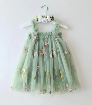 Girls Floral Party Dress 1st Birthday Dress Green Fairy Dress Headband Set - Image 1 of 3