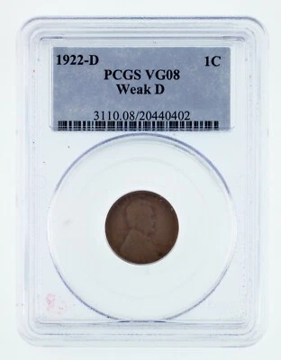 1922-D 1C Wheat Penny Weak D Graded by PCGS as VG-08! Gorgeous! - Image 1 of 4