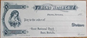 Reno, NV 1880 Bank Check, Reno Water Company, Nevada, Printed by Gazette Journal - Picture 1 of 1