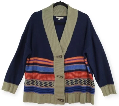 女式开衫毛衣女式 18/20 海军蓝橙色蓝色条纹艺术 — 第 1/4 张图片