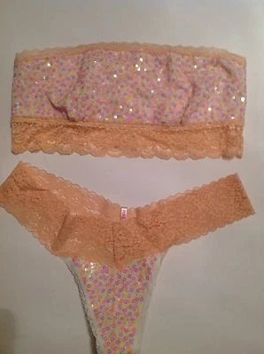 Victorias Secret NUEVO CON ETIQUETAS ROSA Bandeau Panty Set Multicolor Lentejuelas Pastel S/S Foto 1 de 4