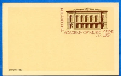 Pre Paid Postcard 13c Academy of Music Postal Card 1982 UX96 Unused - Image 1 of 2