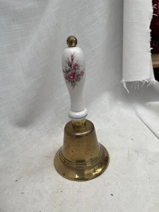 Vintage Brass Hand Bell English Ceramic Floral Handle Roses Original Sticker - Picture 1 of 4