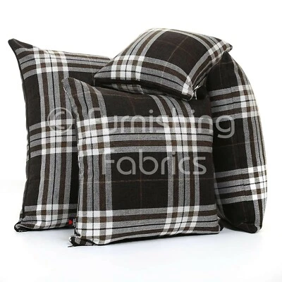 Dark Brown New Tartan Striped Pattern Fabric Cover Filled Cushion & British Made - Image 1 of 4