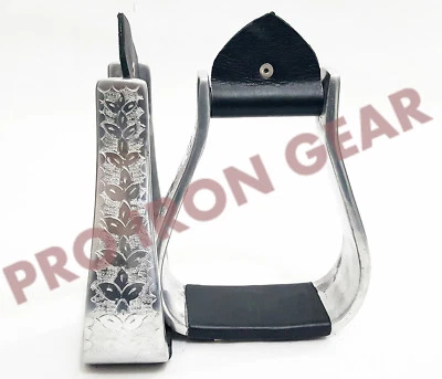 Алюминиевые стремена для взрослых западных лошадей с гравировкой 4,75 дюйма оригинальная кожа ЧЕРНЫЕ - Изображение 1 из 3