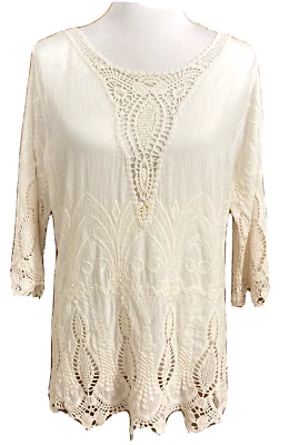 Camisa Pullover Lapislázuli Mujer Marfil Bordada Manga 3/4 BOHO Talla S Ligera Foto 1 de 4