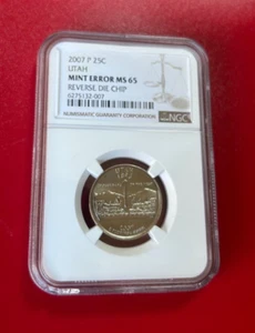 2007 P US 25 CENTS UTAH NGC MINT ERROR MS 65 REVERSE DIE CHIP - Picture 1 of 3