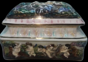 Antique Capodimonte porcelain trinket box with Cherubs Hand Painted S Damage See - Picture 1 of 18