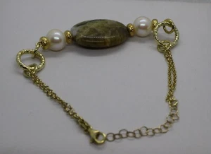 BRACCIALE ARGENTO OPALE MARRONE PERLE MM 9 DORATO DONNA CM 17-19,50 EXPLOIT - Foto 1 di 4
