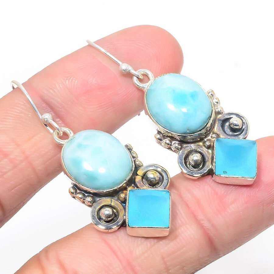 Pendientes Larimar Calcedonia Cuarzo Piedras Preciosas Chapados en Plata Joyería 1.5" Foto 1 de 1