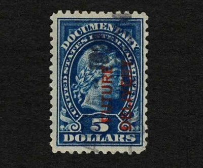 US Revenue 1918 RC13 Future Delivery $5 Dark Blue Cut Cancel Used - Image 1 of 2