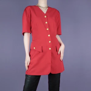 VINTAGE 80s 90s Long Gold Red Retro Ladies Womens Blouse Blazer Top Medium 12 - Picture 1 of 14