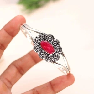 Lab Created Ruby Gemstone Handmade Jewelry 925 Sterling Silver Bangle - Picture 1 of 4