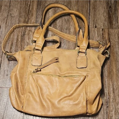 American Eagle 棕褐色皮革手提包带前拉链口袋花卉衬里 — 第 1/4 张图片