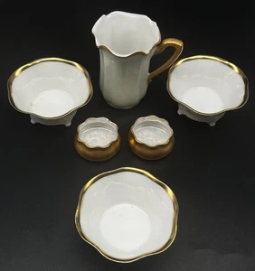Lovely Vintage Porcelain Six Piece Grouping With Gilt Accents and Scalloped Tops - Picture 1 of 12