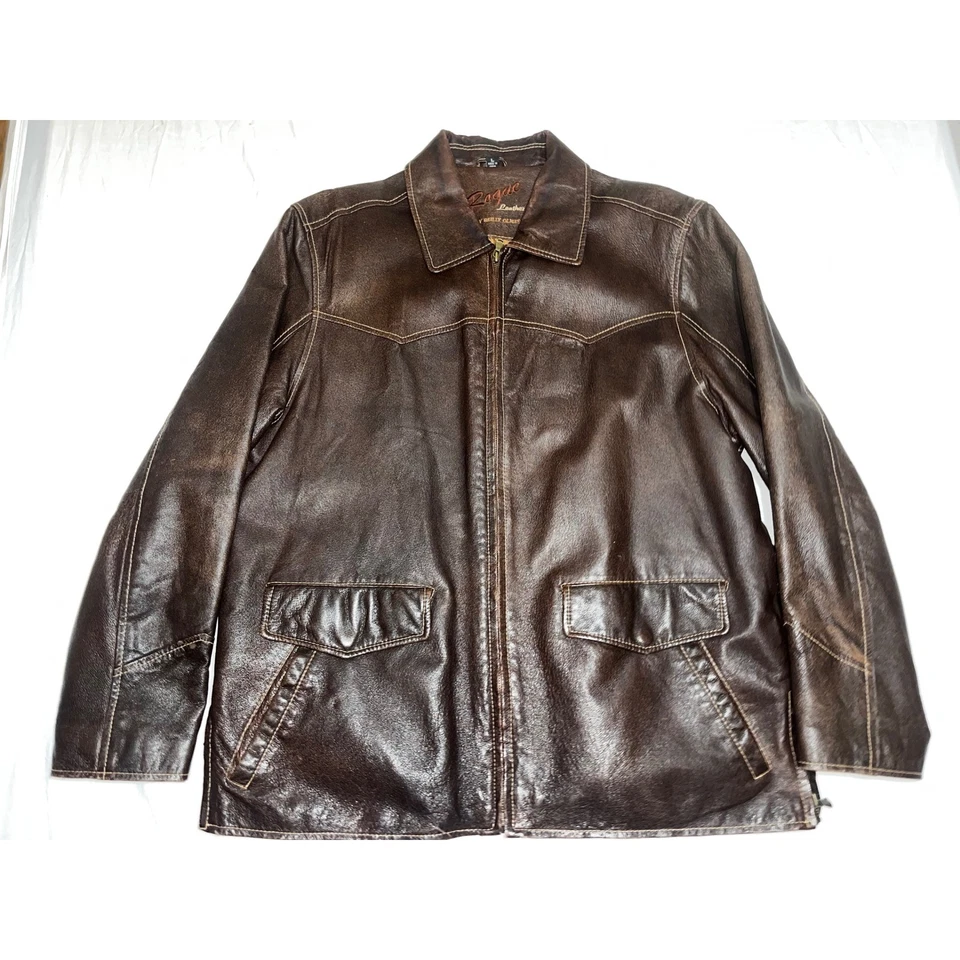 Jaqueta Masculina Rogue Leather By Reilly Olmes Marrom Desgastada Zíper Completo Tamanho G Antiga - Imagem 1 de 4