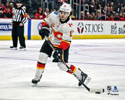 Johnny Gaudreau Calgary Flames Unsigned White Jersey Shooting Photograph Cover