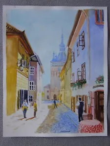 SIGHISOARA Transilvania ROMANIA paesaggio urbano dipinto acquerello originale arte - Foto 1 di 2