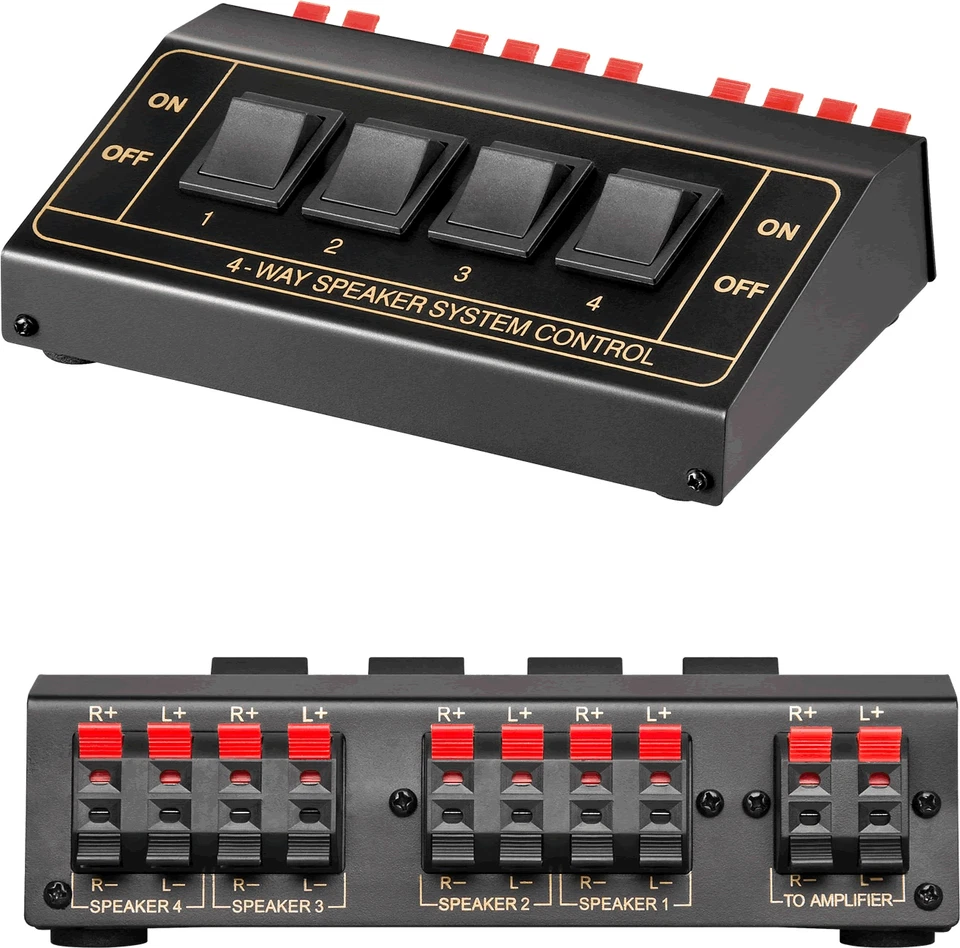 4 WAY SPEAKER SWITCH BOX AUDIO SPLITTER SELECTOR FOR 4 PAIRS OF AMP SPEAKER - Image 1 of 3