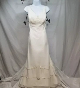 Eden Bridals Ivory Chiffon Long Sheath V Neck Dress Women Sz 12 Spaghetti Strap - Picture 1 of 18