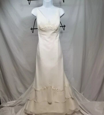 Eden Bridals Ivory Chiffon Long Sheath V Neck Dress Women Sz 12 Spaghetti Strap - Image 1 of 4
