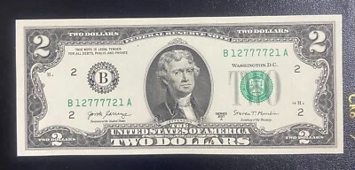 2017 $2 Two Dollar Bill  Serial RADA# B 1277.7721 . UNC - Image 1 of 2