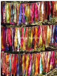OLD Indian Vintage Silk Sari Fabric Garland Boho Decor Gypsy Garland Hippie - Picture 1 of 8