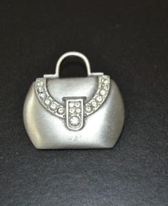 JJ Jonette LADIES PURSE TOTE BAG Brooch Pin RHINESTONES Signed Pewter Vintage - Picture 1 of 3