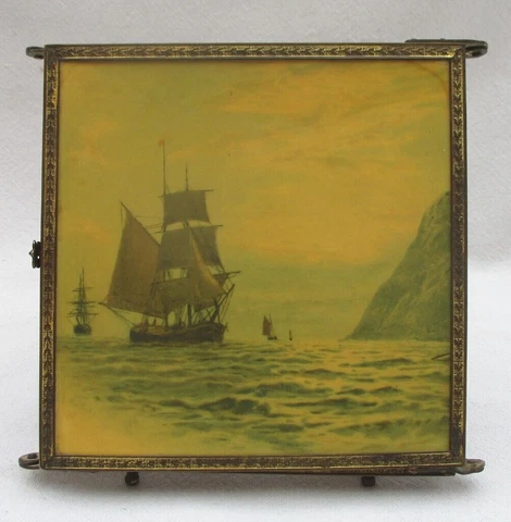 ANTIQUE 1881 TRIPTYCH 3 SECTION BRASS FRAME BEVELED MIRRORS NAUTICAL SCENE Cover