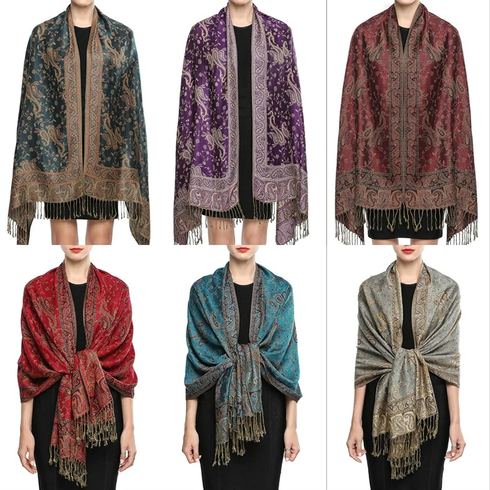 Soft Silky Reversible Paisley Pashmina Shawl Wrap Scarf Stole w/ Fringes 80"x28" - Image 1 of 4