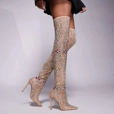 Calcetín Azalea Wang Chevelle Malla Beige Adornado Sobre la Rodilla Stiletto Bota 7.5 Foto 1 de 4