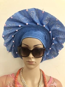 Aso-Oke Auto Gele, African Headgear, Auto Gele, Blue Auto Gele, Head Wrap - Bild 1 von 3