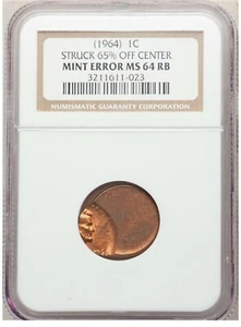 ER008 1964 1C Lincoln Cent -- Struck 65% Off Center -- NGC MS64RB - Picture 1 of 2