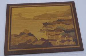 VINTAGE MARQUETRY WOOD INLAY WALL ART, ITALY, SORRENTO? NAPLES? VOLCANO - Picture 1 of 5