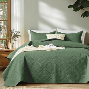 Twin Quilt Bedding Set,Emerald Green Lightweight Microfiber Bedspread,Retro Bota - Picture 1 of 12