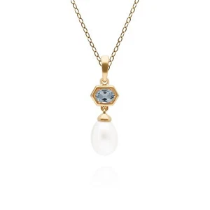 Moderno Perla E Topazio Blu Esagonale Pendente a Goccia IN Oro Placcato Argento - Foto 1 di 1