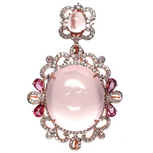 Gemstone 33 X 49 mm. Rose-Quartz Pink-Topaz & Zircon Brooch 925 Silver Sterling - Picture 1 of 6