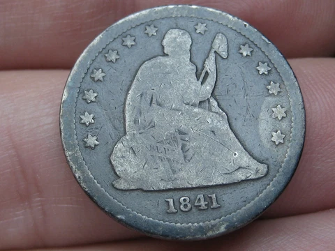 1841 P Silver Seated Liberty Quarter- Philadelphia, VG Details Cover
