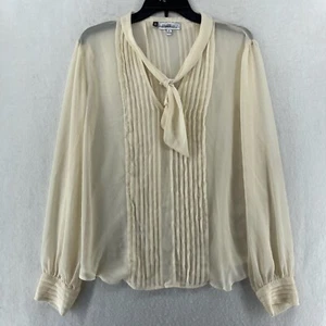 Jennifer Lopez Top Womens Sz XL Cream Pintuck Pleated Bow Tie Long Sleeve Blouse - Picture 1 of 12