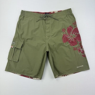 VTG Tommy Hilfiger XL Swim Trunks Green Red Floral Y2K Board Shorts Mesh - Image 1 of 4