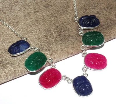 Collar Tallado Rosa y Azul Hoja de Calcedonia Verde Ónix Piedras Preciosas 18" GW Foto 1 de 3